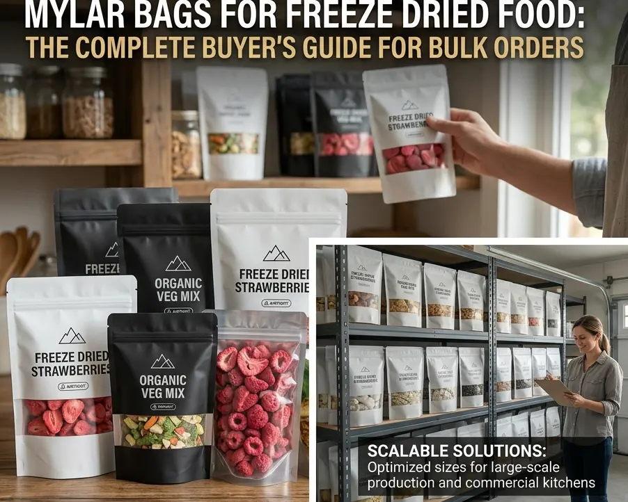Mylar Bags for Freeze Dried Food_004 – YLTPACK Collage of mylar bags with freeze-dried fruits and veggies for bulk orders, with a person selecting a bag in a shop name scene text at top.