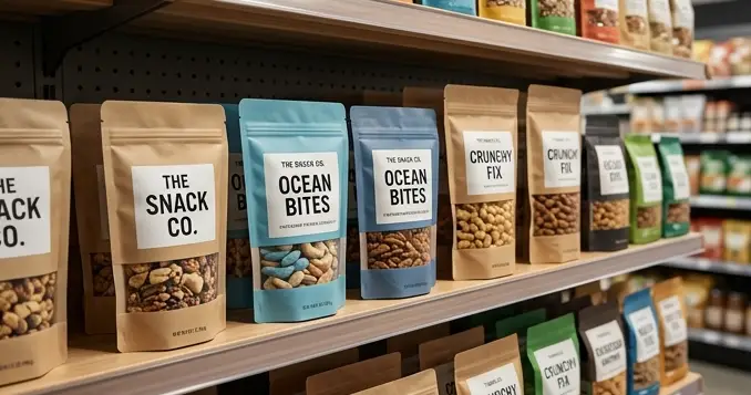 The Complete Guide to Snack Packaging Bag Sizes-3 – YLTPACK – YLTPACK Row of snack bags on a grocery shelf, including Ocean Bites and Crunchy Fix branding on colorful packages.