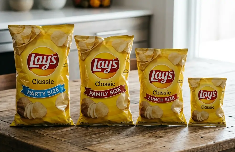 Chip Bag Sizes The Complete Guide to Every Dimension Weight and Serving Size-1 – YLTPACK Lay's Classic potato chips bags in multiple sizes (Party Size, Family Size, Lunch Size, and a small bag) on a wooden table.