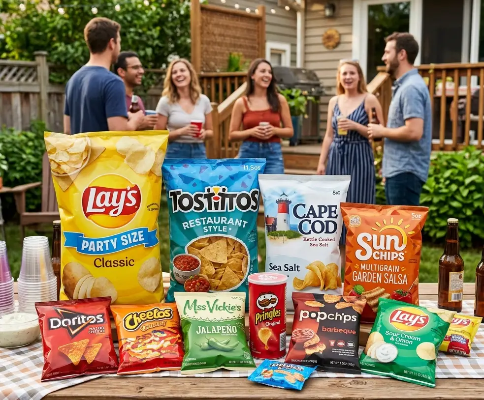 Chip Bag Sizes The Complete Guide to Every Dimension Weight and Serving Size-3 – YLTPACK Group of six friends laughing and chatting in a backyard party, with a table piled with assorted snack bags (Lay's, Tostitos, Cape Cod, Sun Chips) at the foreground.