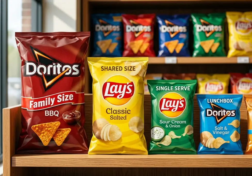 Chip Bag Sizes The Complete Guide to Every Dimension Weight and Serving Size-4 – YLTPACK Assorted potato chip bags on a wooden store shelf, including Doritos BBQ and Lay's Classic Salted.